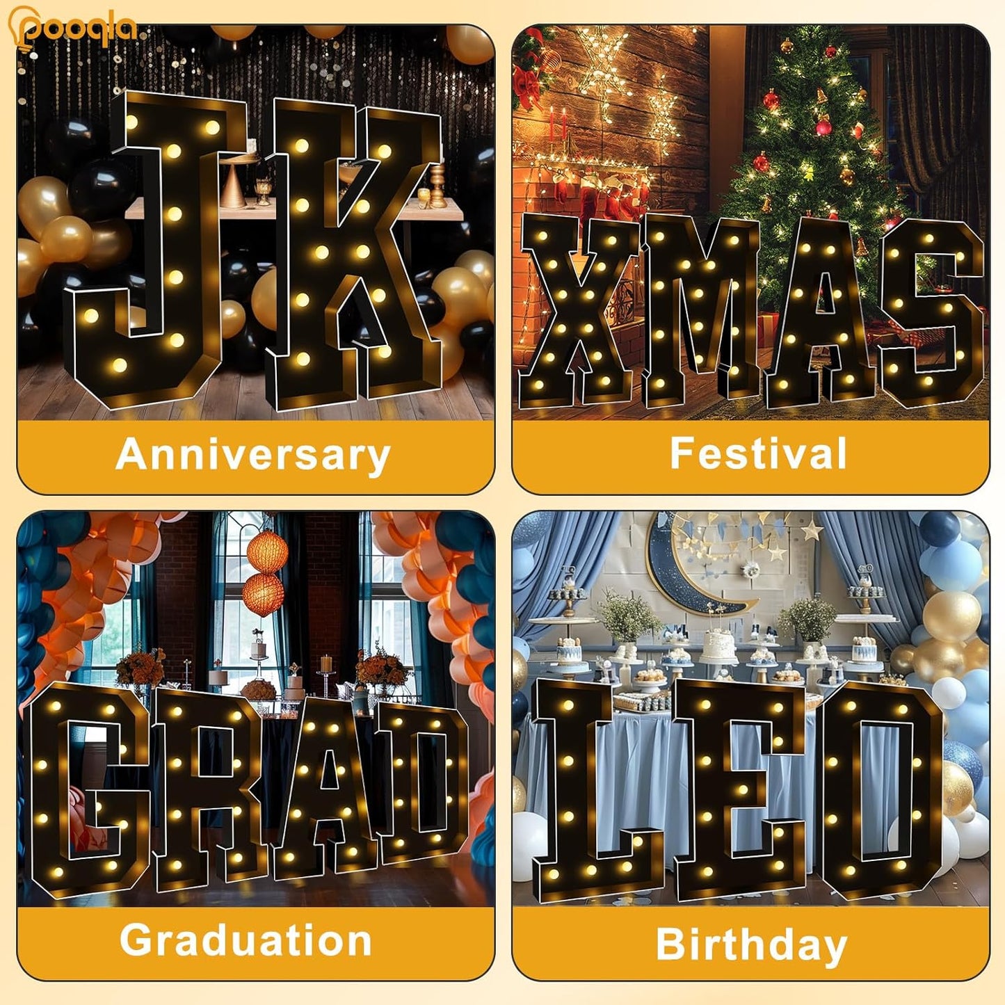 Pooqla 3FT Marquee Light Up Letters, Black LED Party Decor Large Marquee Letters 3 Feet Tall, Giant Mosaic Letter for Birthday Graduation Anniversary Wedding Decoration, Letter U