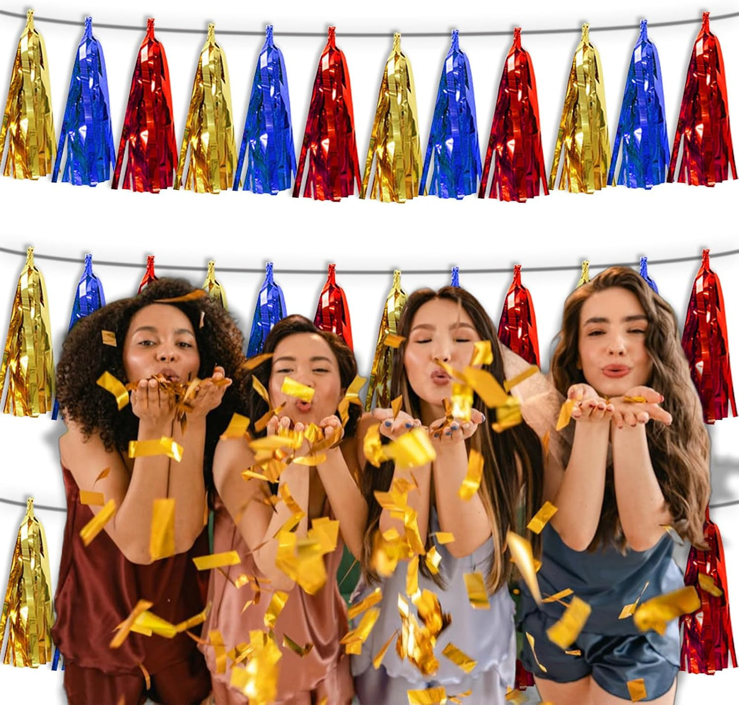 3P Gold Blue Red Foil Fringe Tassel Banner Metallic Tinsel Streamer Garland Wall Curtain Backdrop for Parade Floats, Graduation, Halloween, Christmas, Baby Bridal Shower Party Decorations