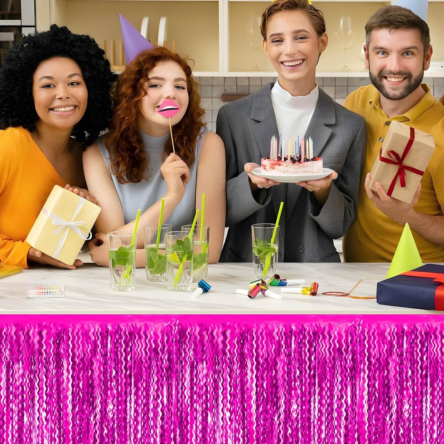 6 Pack 29x108 Inch Rose Red Wave Foil Fringe Table Skirts Metallic Banner for Tinsel Streamer Garland Backdrop for Parade Floats Wedding, Mother's Day, Birthday Mardi Gras Party Decorations