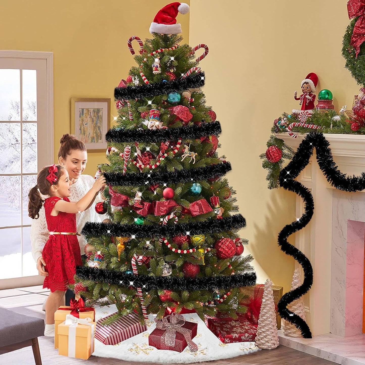 25 Feet Metallic Twist Tinsel Garland - Wall Hanging Backdrop for Parade Floats, Christmas Eve, New Year, Valentine's Day Parties (Black, 4in x 25ft)