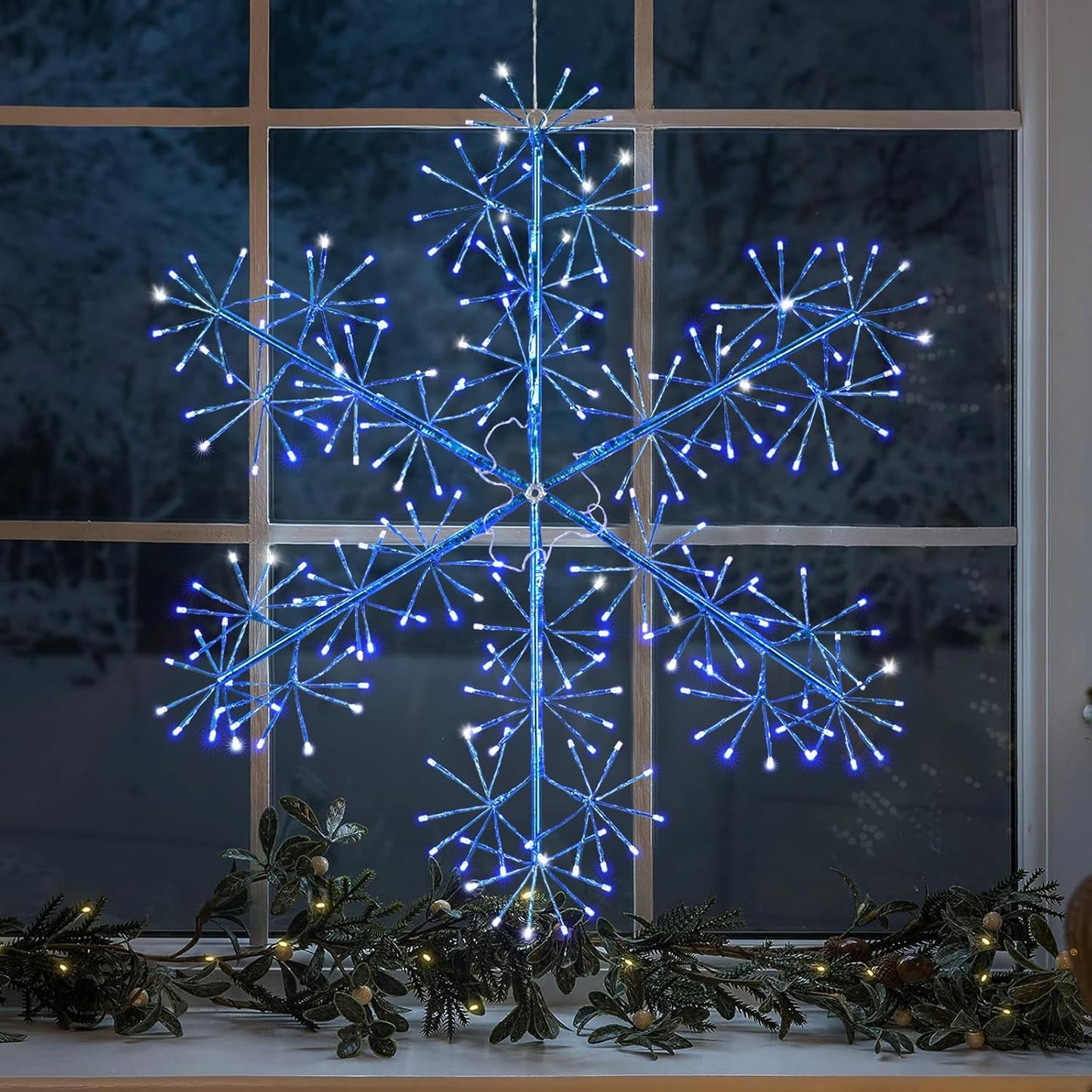 30’’ Christmas Snowflake Lights Outdoor, Pre-lit 240Pcs Blue LEDs Hanging Blue Snowflake Decoration for Home Indoor Outdoor Window Silhouette