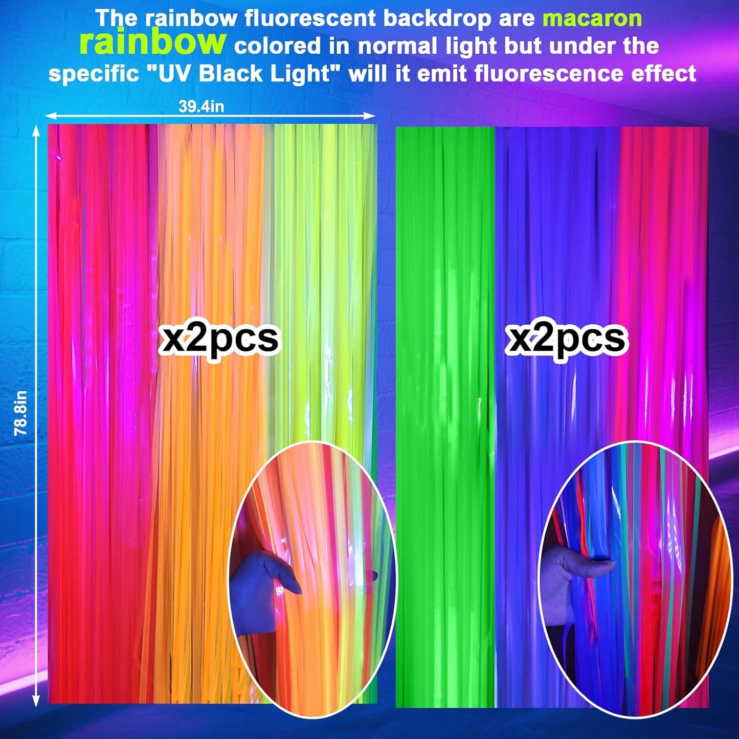 4 Packs Glow in the Dark Foil Fringe Curtain, Macaron Rainbow Blacklight Reactive Fluorescent Tinsel Backdrop Neon Luminous Streamers for Birthday, Wedding, Neon Party, Glow Party Decorations Supplies