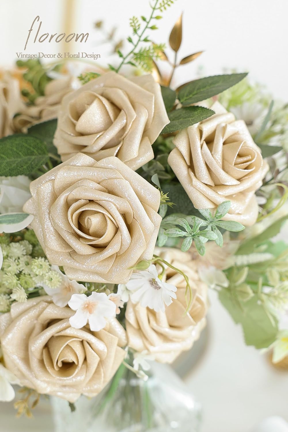 Floroom Artificial Flowers 25pcs Real Looking Champagne Gold Foam Fake Roses with Stems for DIY Wedding Bouquets Bridal Shower Centerpieces Floral Arrangements Party Tables Home Decorations