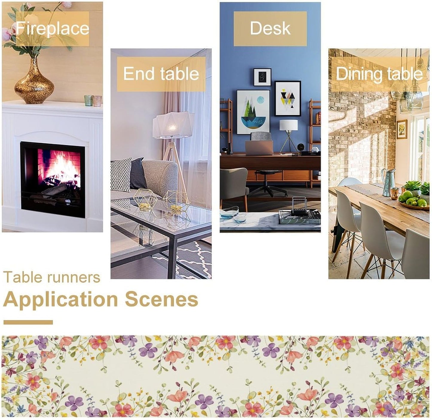 Floral Table Runner,Flowers Plant Print Spring Table Runner for Kitchen Dining Table Decoration for Home Party Decor 13x36 Inch