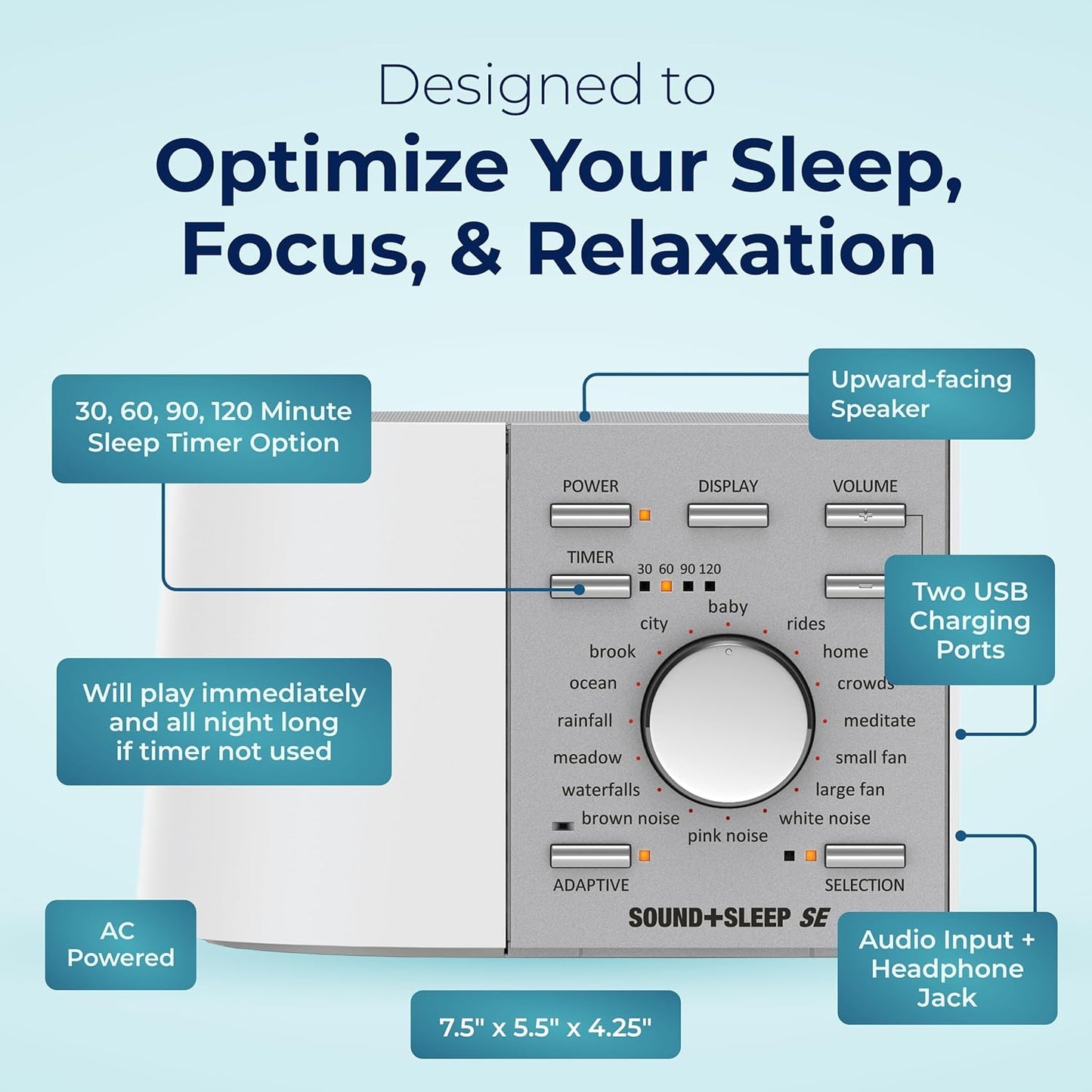 Adaptive Sound Technologies Sound + Sleep SE Noise Machine - White Noise Machine - Non-Looping Environmental/Nature Sounds for Sleep & Relaxation - with Timer & Headphone Jack - White/Silver