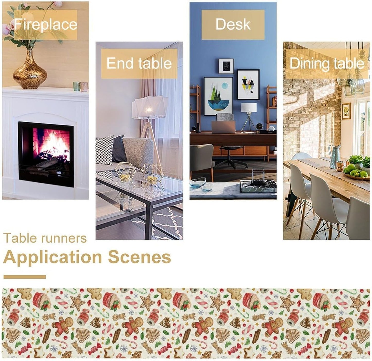 Christmas Table Runner, Christmas Gingerbread New Year Xmas Table Cloth Kitchen Dining Table Decoration for Home Party Decor 13x36 Inch