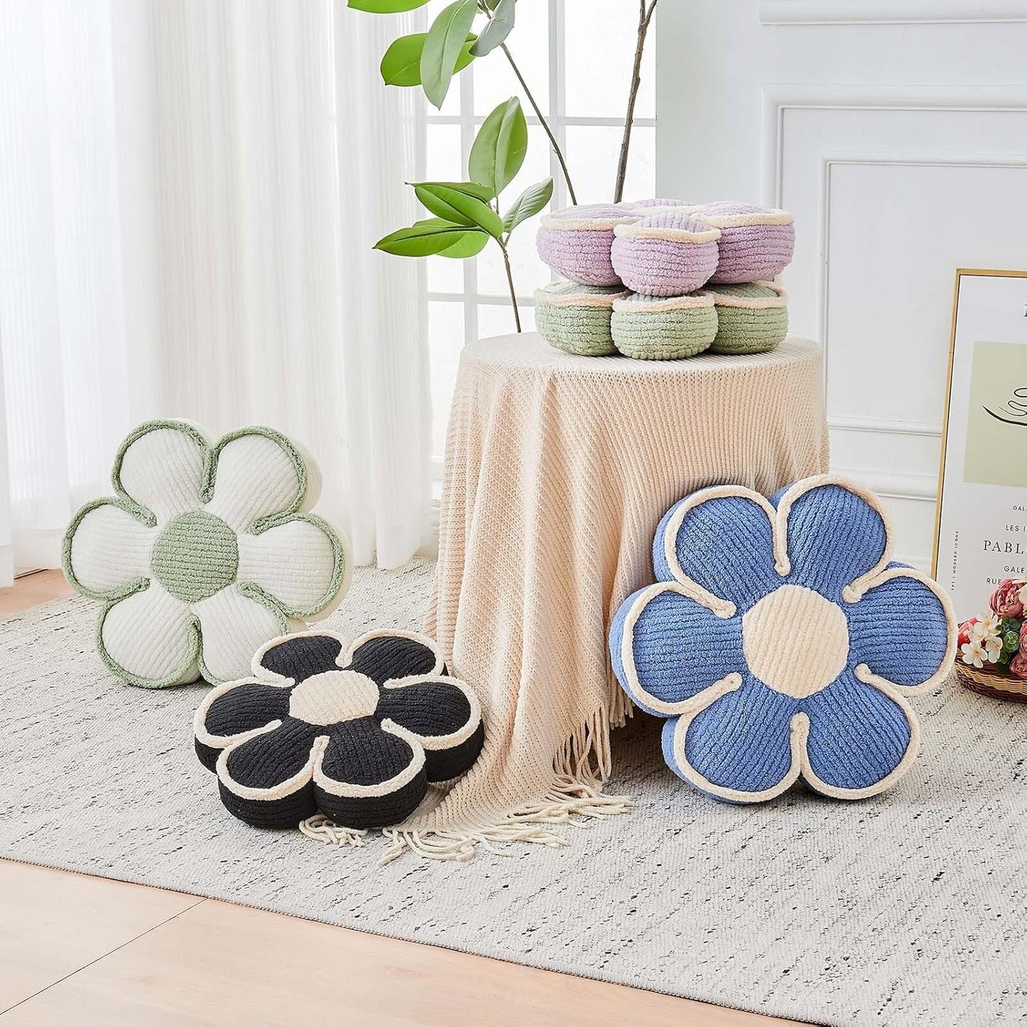 Flower Pillow, Soft Flower Decorative Throw Pillow, Cute Daisy Flower Shaped Seating Floor Cushion Room Décor Plush Pillows for Sofa Couch Bed (17.7 Inch, Sage Green)