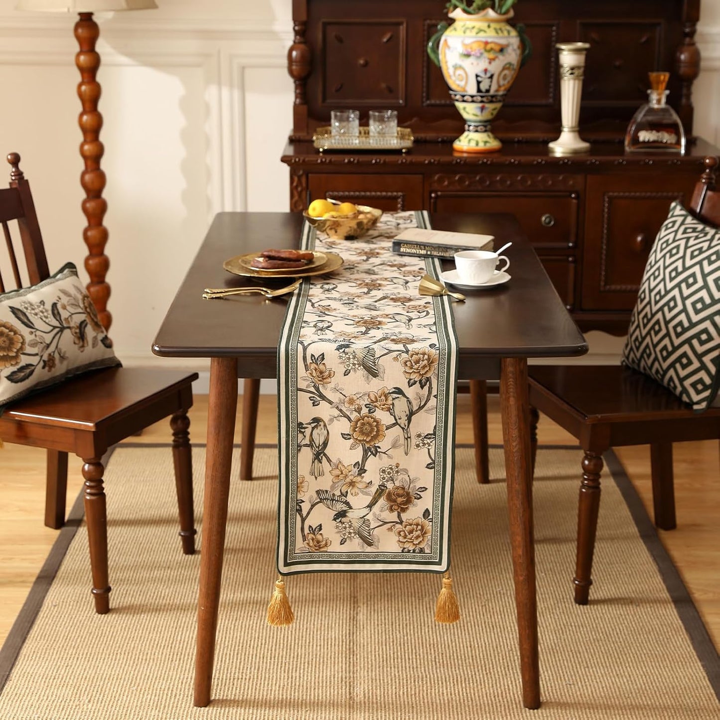 ISAENNE Designer Vintage Beige Linen Table Runner 71 Inches Long,Elegant Floral and Bird Pattern Decor Table Runners for Dining Tables,Thanksgiving,Christmas,Banquet,Party,12"*71"-Murad A