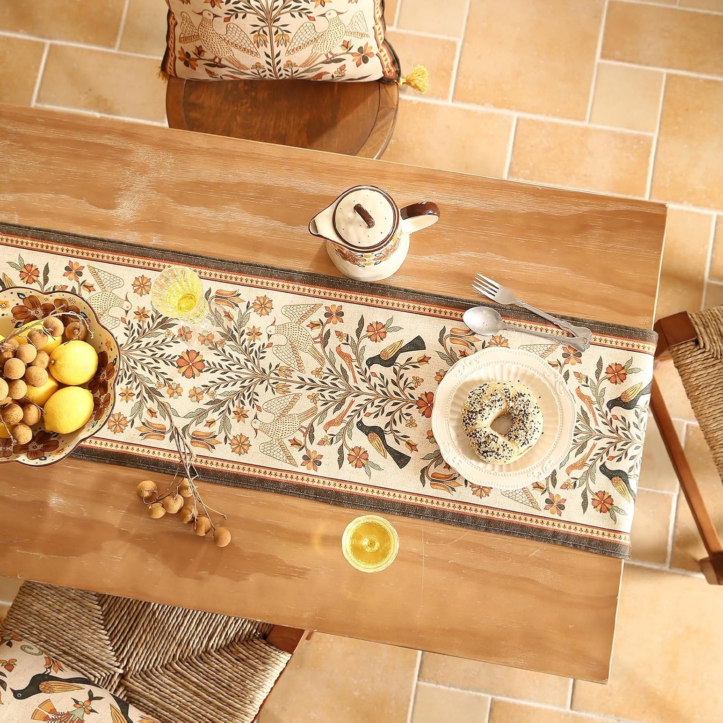 Vintage Linen Table Runner 87 Inches Long,Floral Print Italian Rustic Runner for Coffee Table Decor Tabletop Table Runners for Kitchen,Dining,Party,Home,Christmas,12"*87"