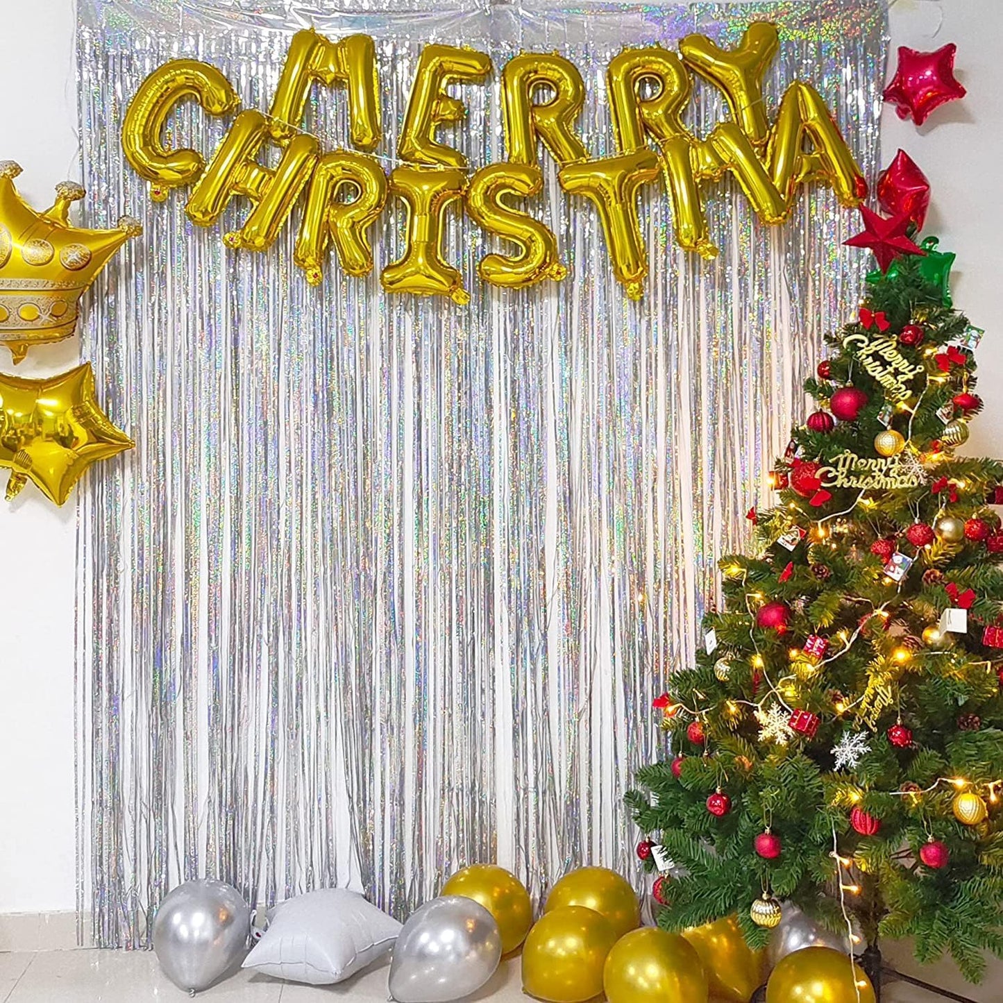 BRAVESHINE Silver Streamers Party Backdrop Decorations - 2Pcs 3.2x8.2ft Tinsel Foil Fringe Curtain Backdrop for Christmas/New Years/Birthdays/Bachelorette/Anniversary/Engagement/Dancing Ball Decor