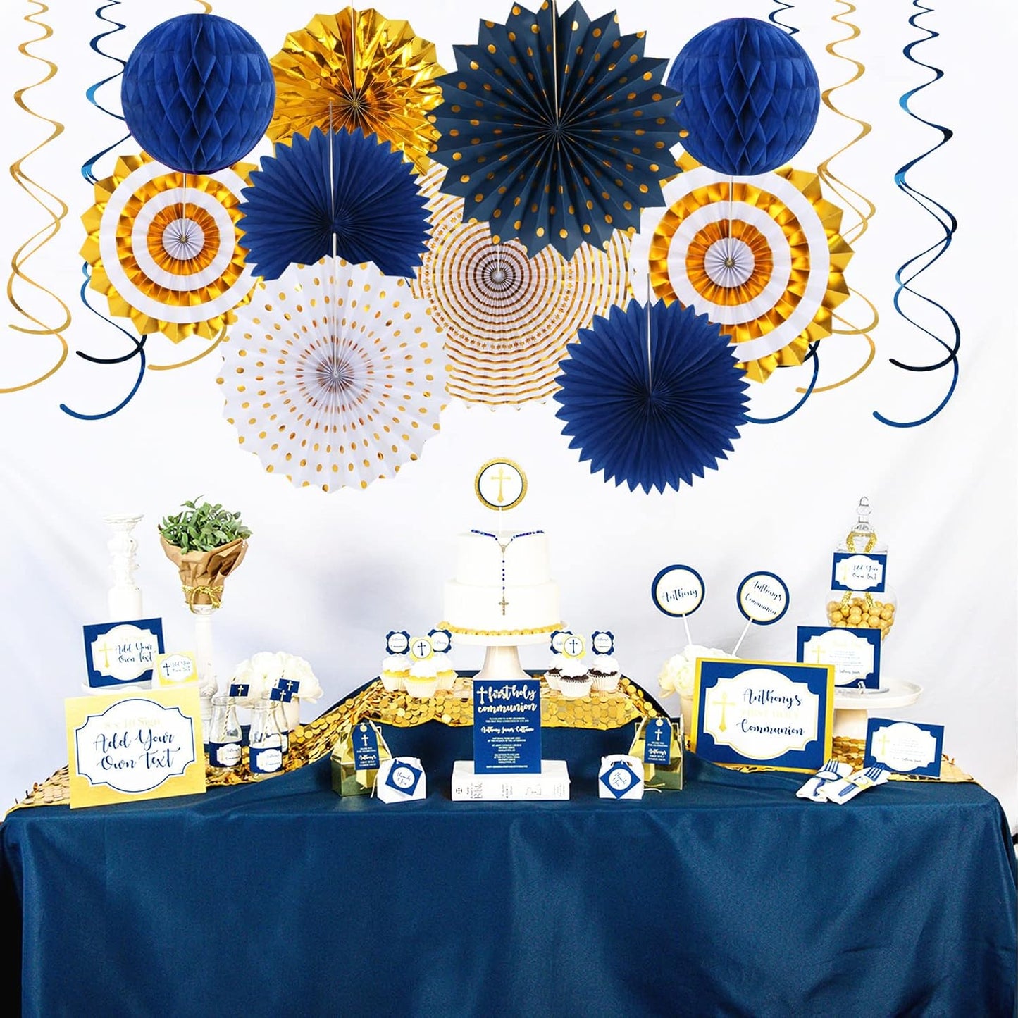 Navy-Blue White-Gold Graduation Party-Decorations - 33pcs Kits Banner, Streamers Tassel Garland,Tissue Pom Poms Honeycomb, Paper Lantern Fans,Wedding Birthday Baby Shower Backdrop Ceiling Decor Hugtmr