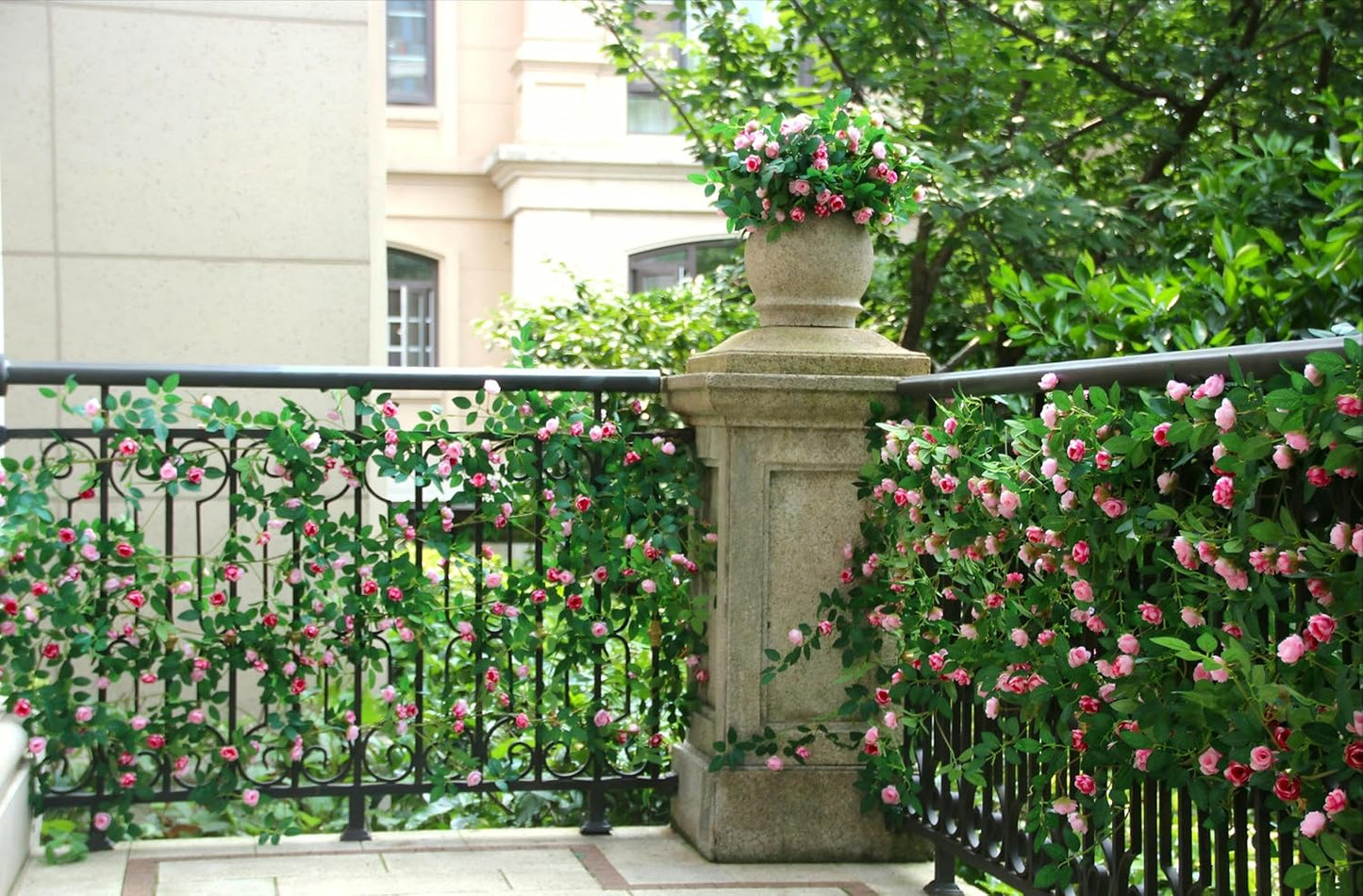 6FT Bendable Rose Vine Hanging Flower Garland Fake Floral Garland with Butterflies for Wall Decor Trellis Fence Home Room Decoration (Pink, 2pcs)