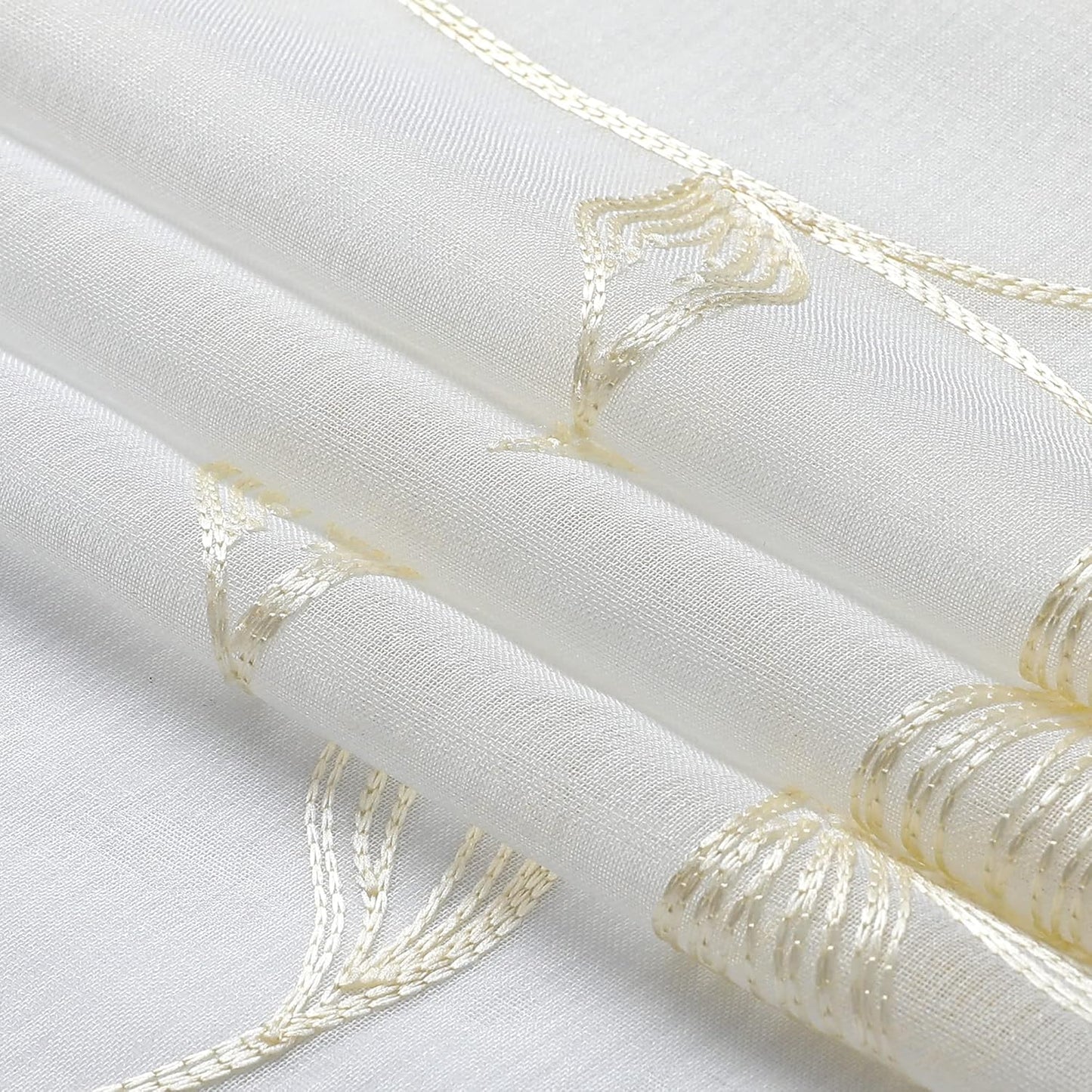 VISIONTEX Sheer Curtains 95 inch Length 2 Panels Set, White Voile Crushed Cream Vine Leaves Embroidery, Rod Pocket Embroidered Window Drapes for Living Room and Bedroom, 54" x 95"