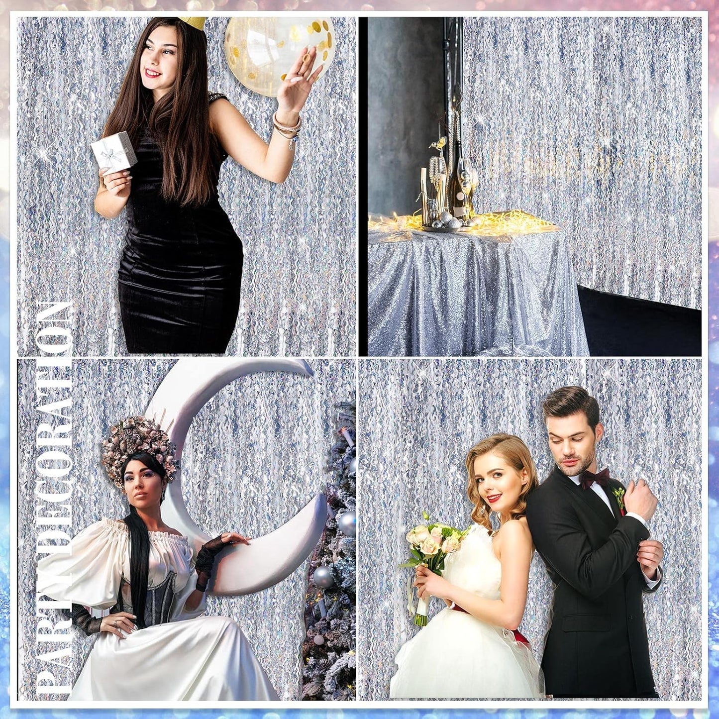 Jutom 6 Pieces 3.3 x 6.6 ft Wavy Tinsel Foil Fringe Curtains Foil Fringe Streamer Backdrop Party Curtain for Sea Mermaid Baby Shower Birthday Party Decoration(Silver)