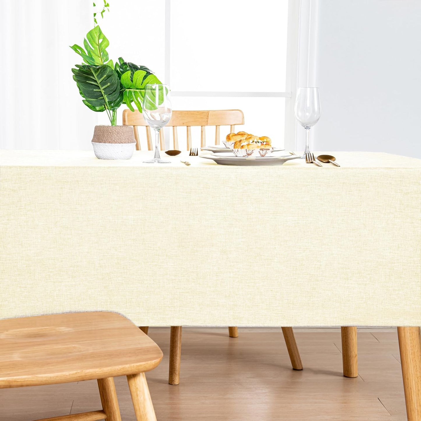 Hiasan 2 Pack Faux Linen Rectangle Tablecloth - Wrinkle and Stain Resistant Washable Table Cloth for Kitchen Dining Room Holiday Table Cover for Party Dinner, Champagne, 90 x 156 Inch