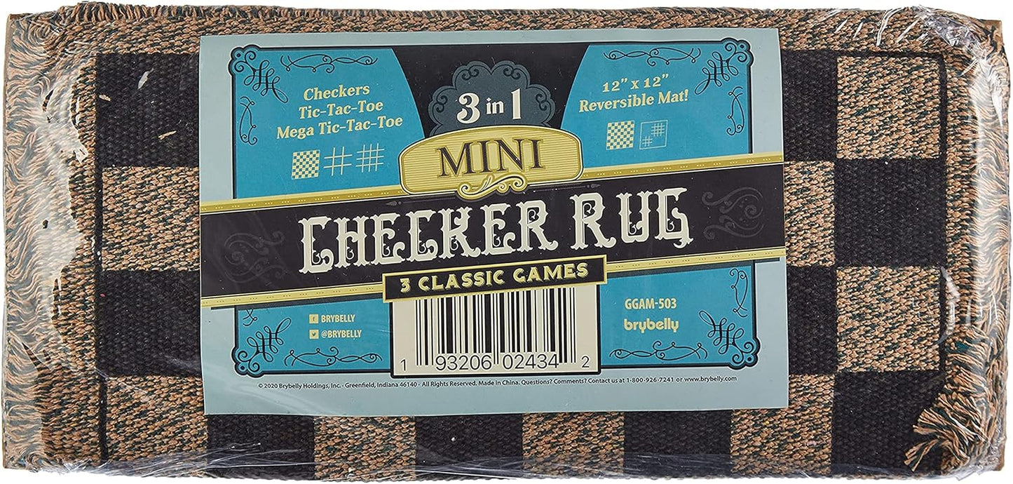 3-in-1 Mini Checkers Rug + Classic & Mega Tic Tac Toe - Portable Compact 12" x 12" Reversible Checkerboard Rug - Travel, Parties, Games on The Go, Family Board Game Night