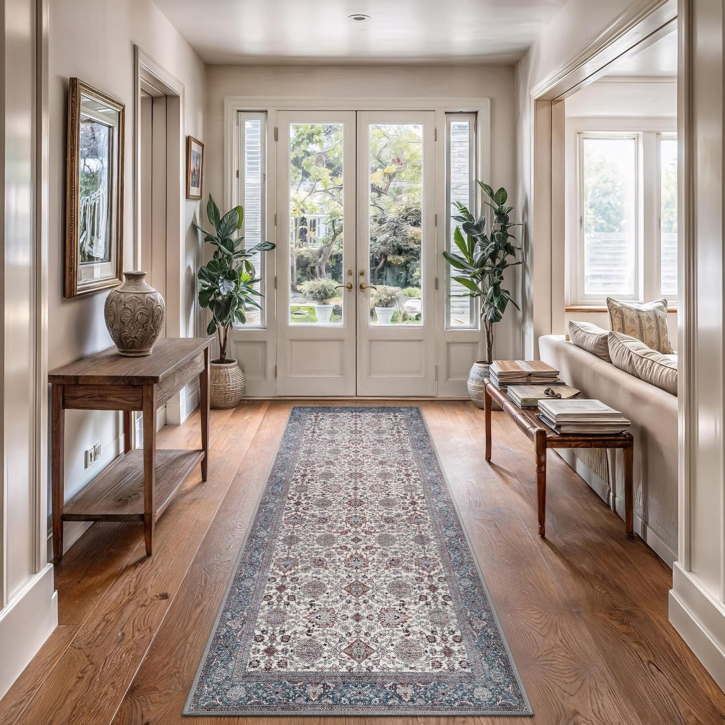 Bloom Rugs Washable Non-Slip 12 ft Runner - Teal/Blue/Beige Traditional Oriental Runner for Entryway, Hallway, Bathroom, and Kitchen - Exact Size: 2.5' x 12'