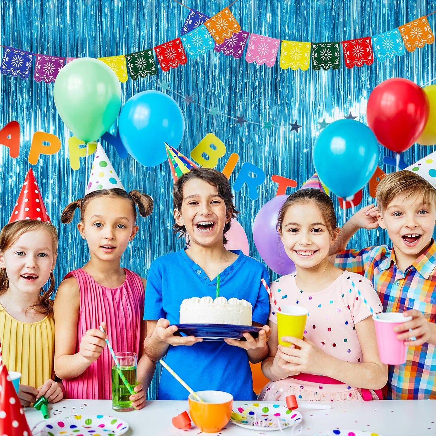 BTSD-home Aquamarine Foil Fringe Curtain, Metallic Photo Booth Backdrop Tinsel Door Curtains for Wedding Birthday Bridal Shower Baby Shower Bachelorette Christmas Party Decorations(4 Pack, 8ft x 3ft)