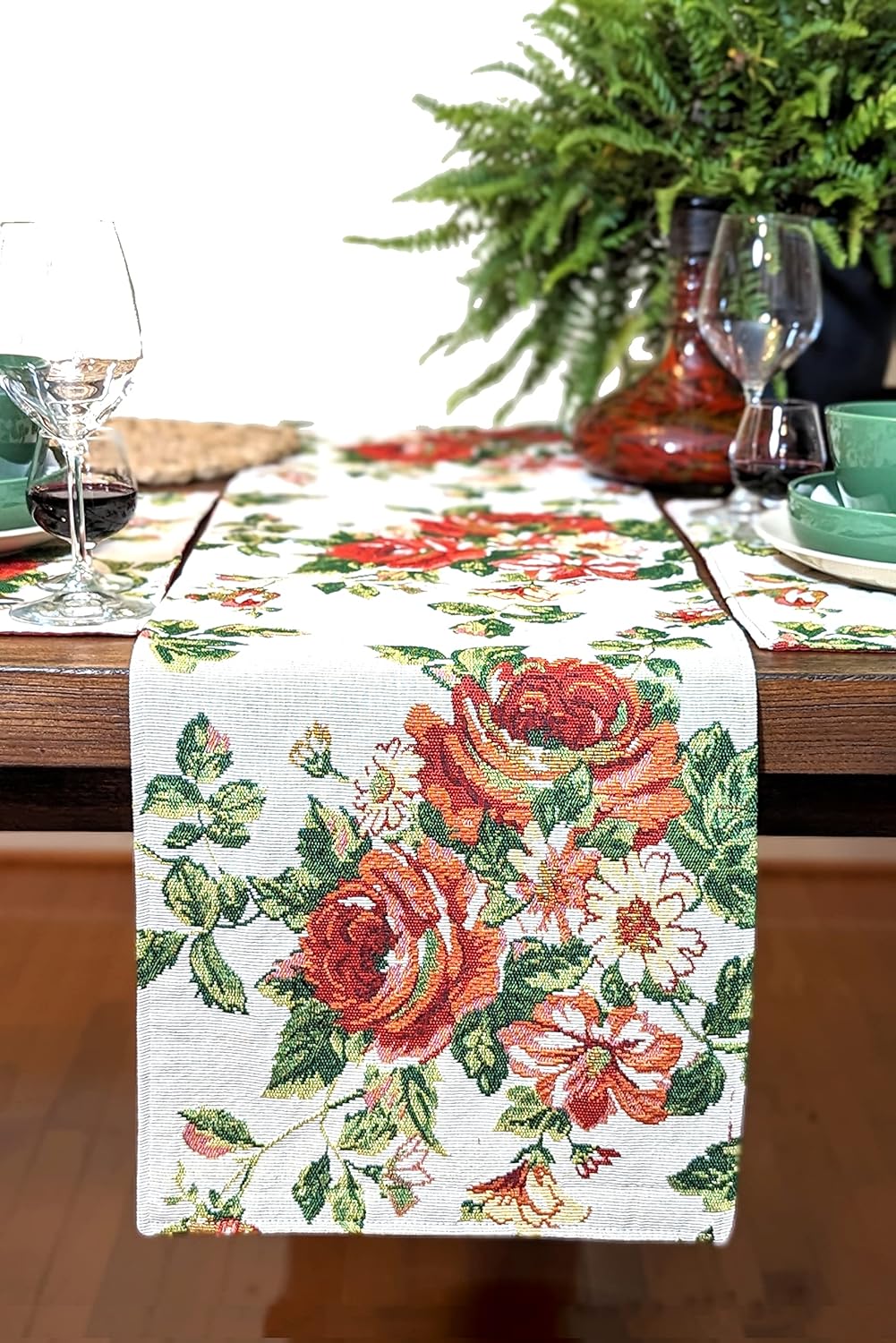 Tache Sweet Roses Spring Summer Flower Traditional French Country Vintage White Red Floral Decorative Woven Tapestry Long Kitchen Dining Table Runners, 13 x 90
