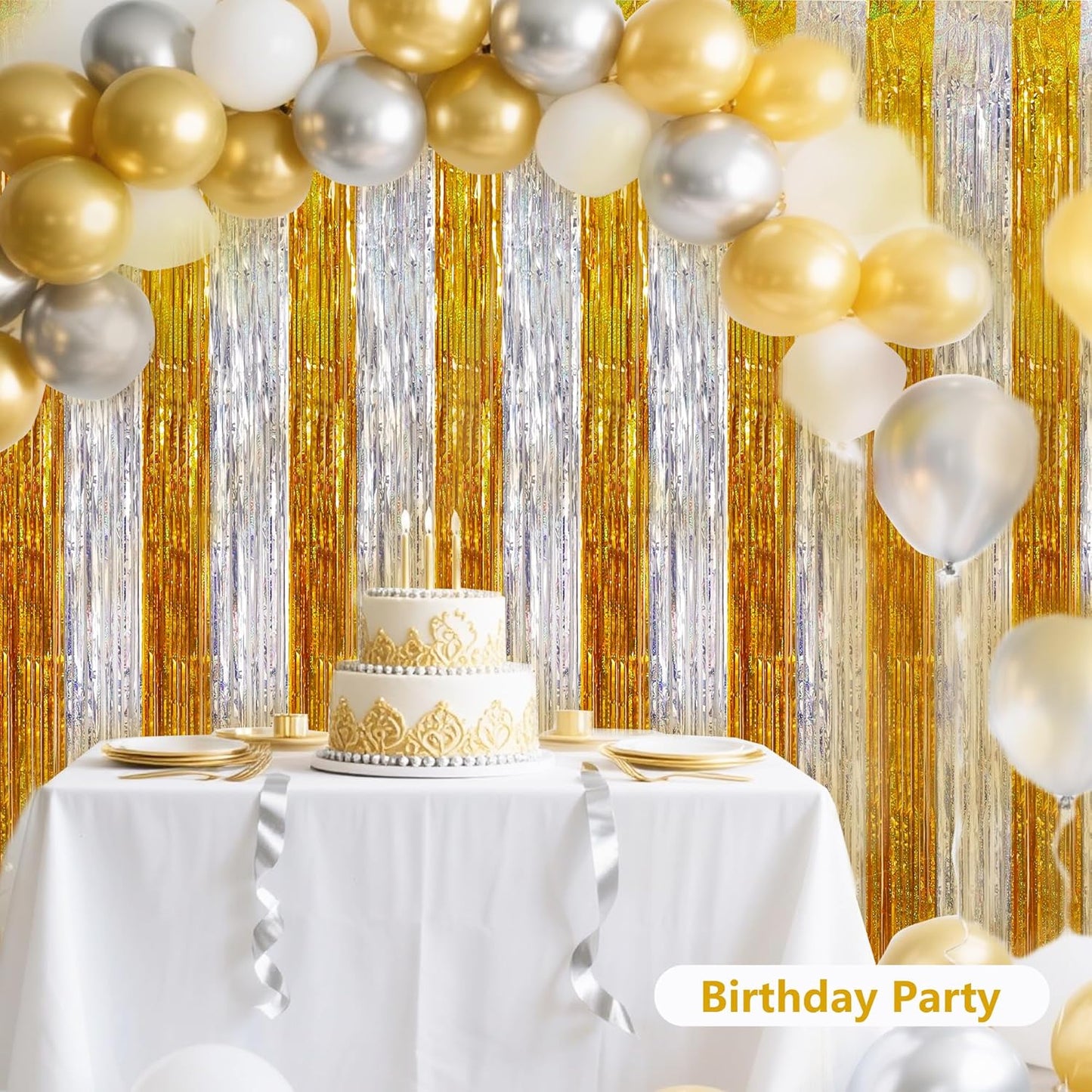 BEISHIDA Gold Silver Door Streamers Backdrop Foil Fringe Tinsel Party Streamers Curtains Photo Backdrop - 2Pcs for Birthday Graduation Bachelorette Party Decoations