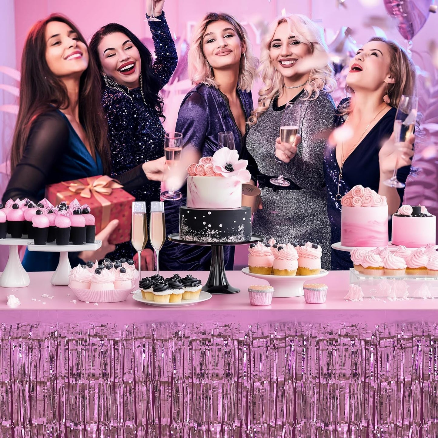 8 Pack Pink Table Skirts, 29x108" Metallic Foil Tinsel Fringe Table Skirts for Rectangle Tables Streamer Curtains Backdrop, Party Decorations for Birthdays Weddings Holidays