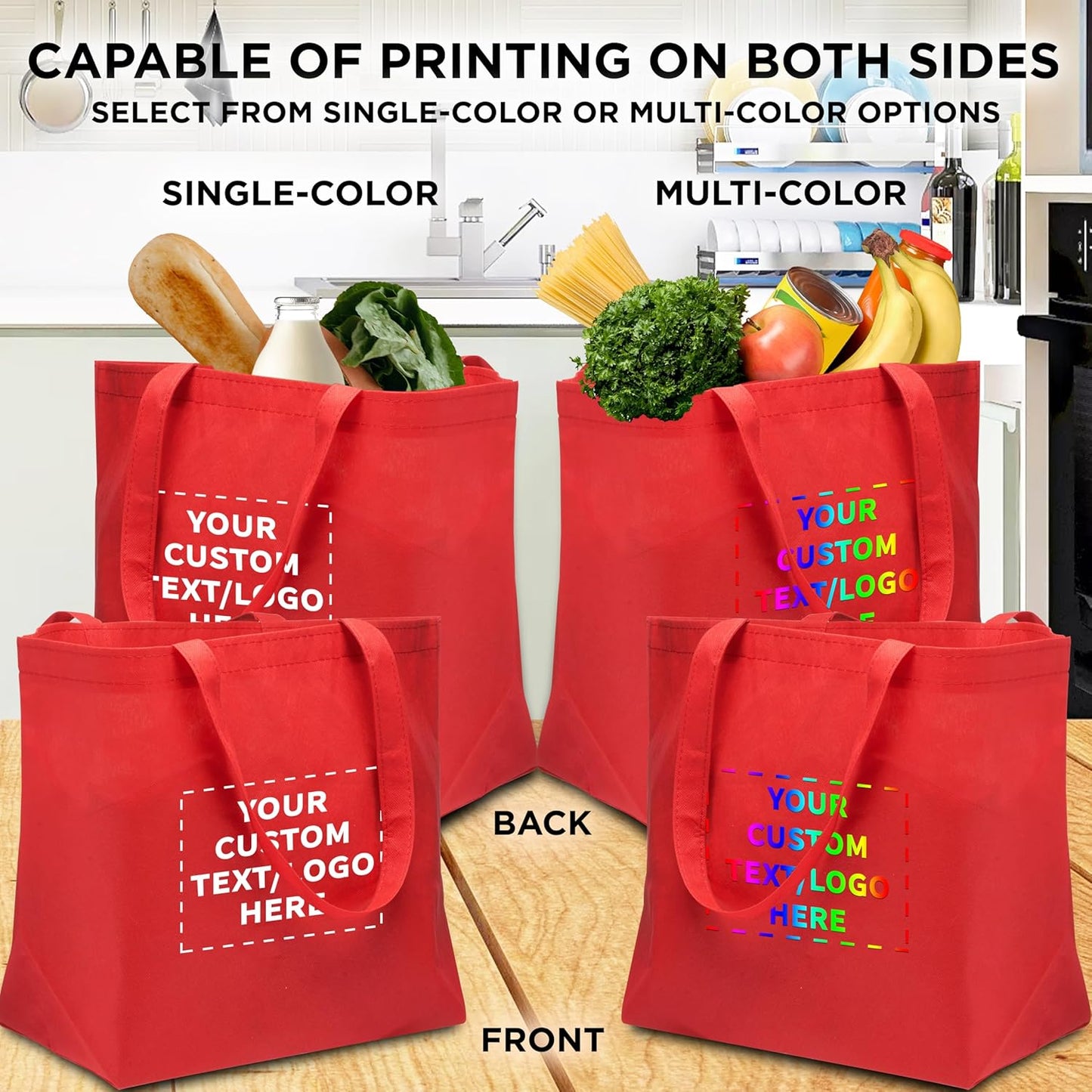 DISCOUNT PROMOS Custom Southern Style Grocery Tote Bags Set of 50 - Personalized Bulk Pack, Reusable Grocery & Shopping Bags - Great for Travel, Business Promotions, July 4th - Red - 20"X13"X8"