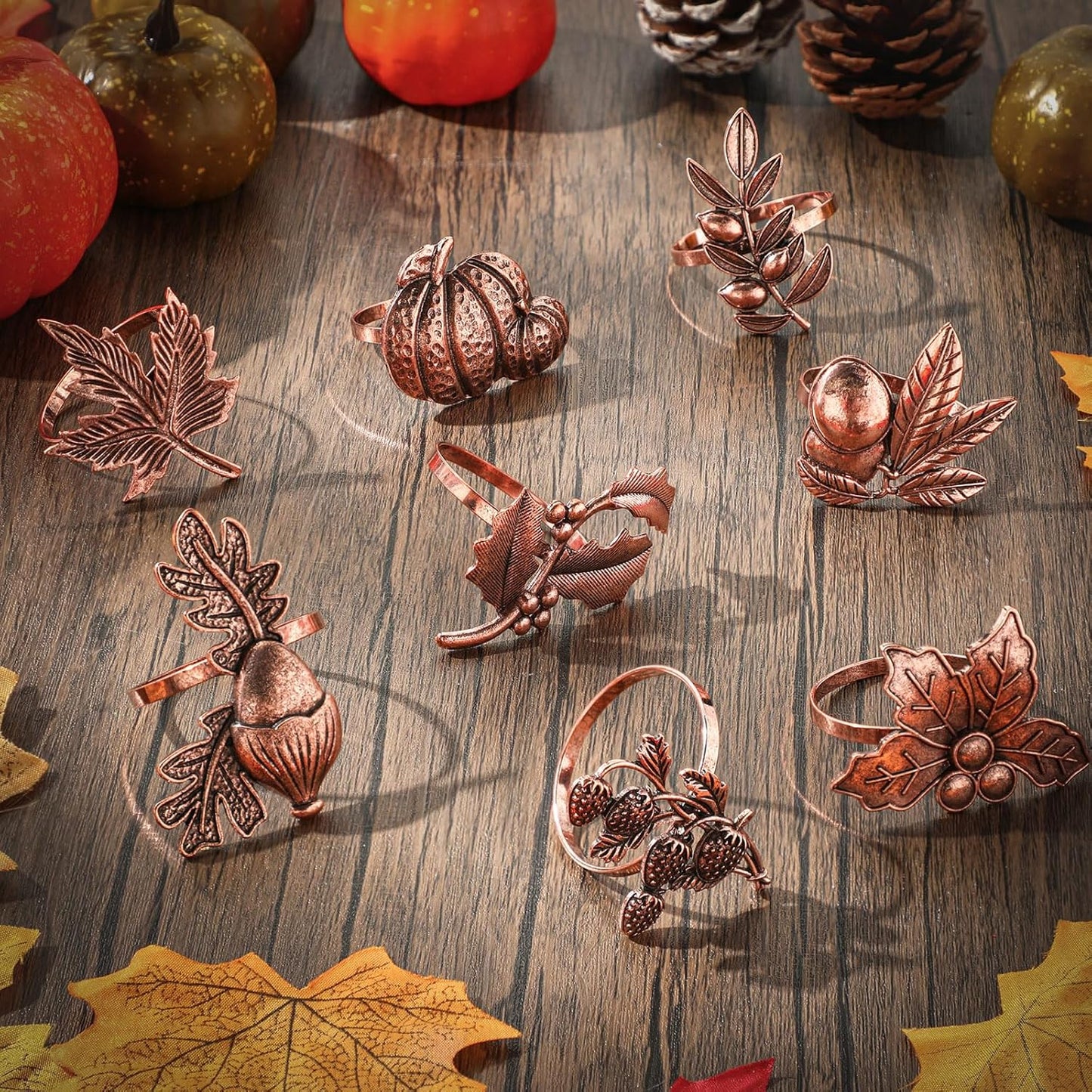 Remerry 8 Pcs Thanksgiving Napkin Ring Harvest Fall Leaf Pumpkin Holders Retro Alloy Metal Napkin Ring Buckle for Thanksgiving Wedding Table Supplies(Fruit and Vegetable)