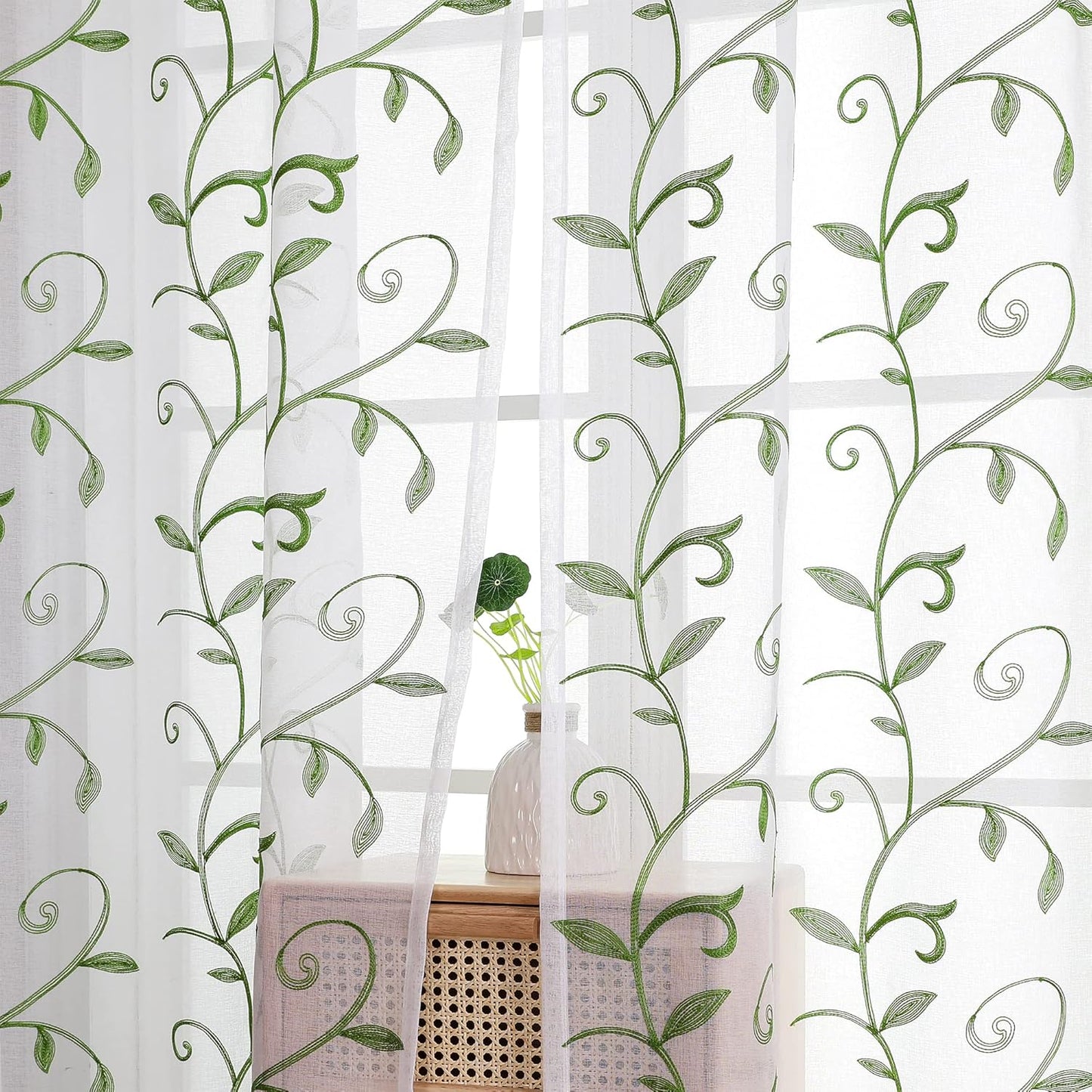 VISIONTEX Embroidered Green Sheer Voile Curtains, Leaves Embroidery Faux Linen Rod Pocket Window Drapes for Living Room and Girls Bedroom 54 x 108 Inch, Set of 2 Curtain Panels