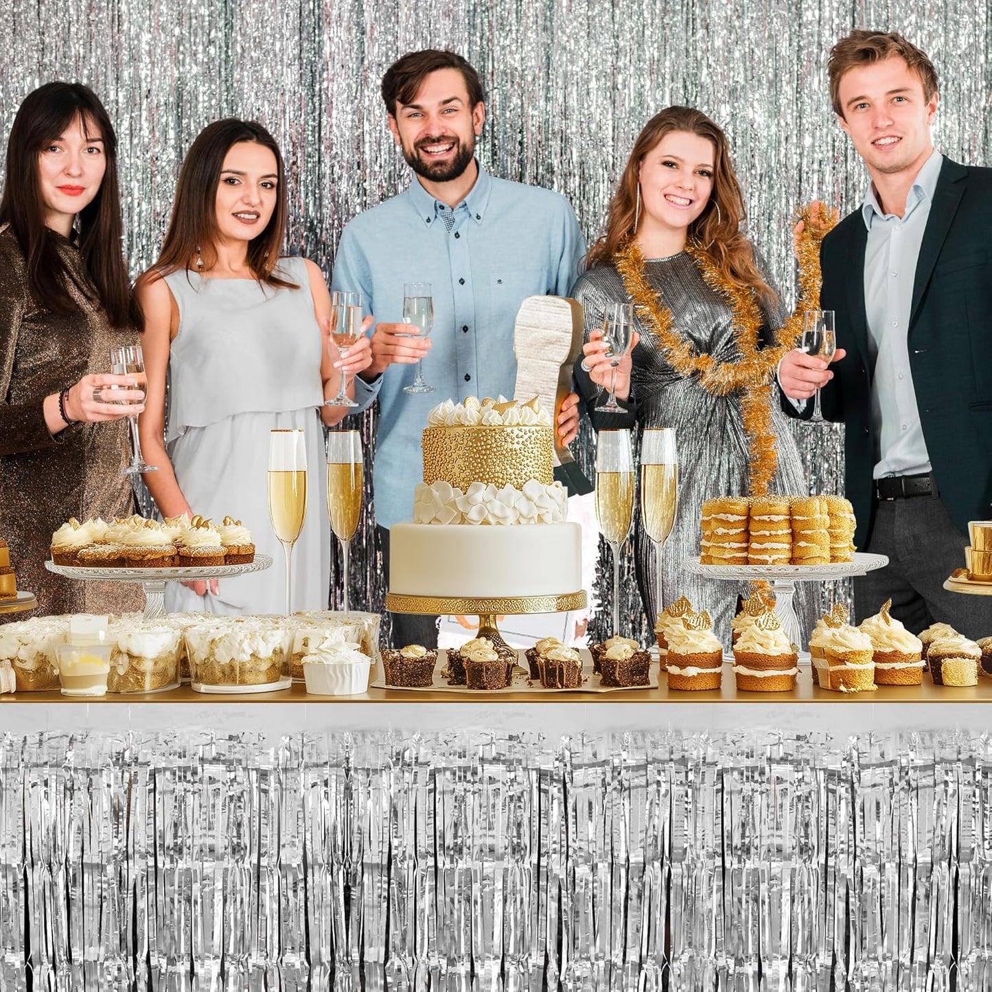 2 Pack Silver Table Skirts, 29x108" Metallic Foil Tinsel Fringe Table Skirts for Rectangle Tables Streamer Curtains Backdrop, Party Decorations for Birthdays Weddings Holidays