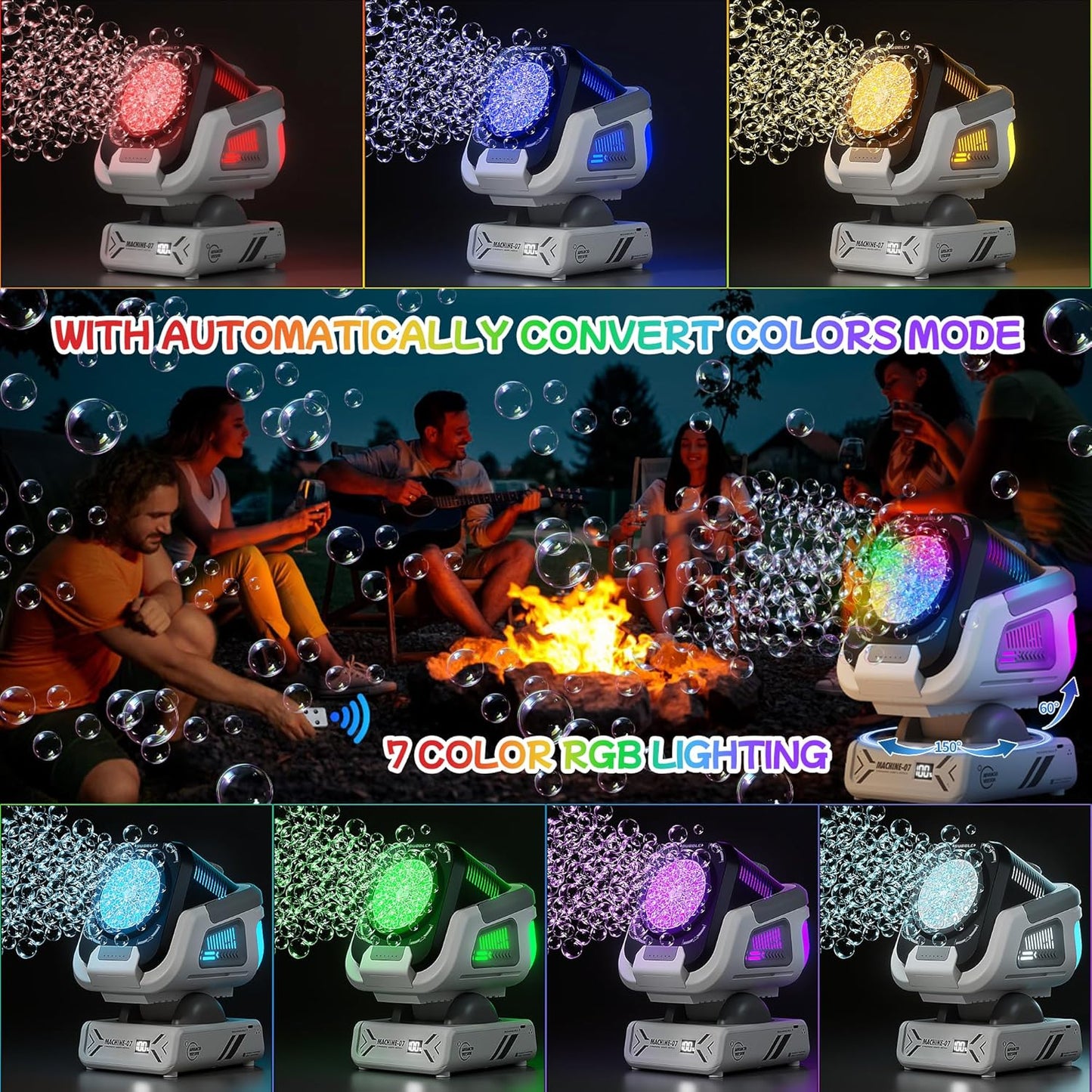 2025 Upgraded Bubble Machine with Remote Control, Automatic Rotation & RGB Lights, 1800mAh Rechargeable Battery, Type-C Charge, Bubble Maker for Kids, Weddings, Birthday Parties, Outdoor Activities