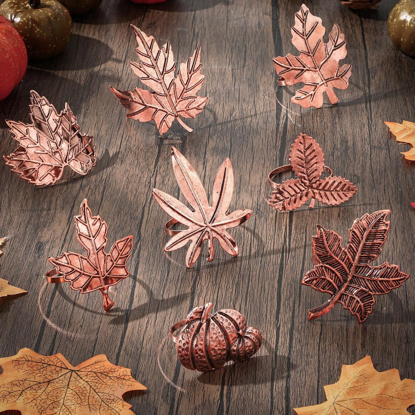 Remerry 8 Pcs Thanksgiving Napkin Ring Harvest Fall Leaf Pumpkin Holders Retro Alloy Metal Napkin Ring Buckle for Thanksgiving Wedding Table Supplies(Leaf and Pumpkin)