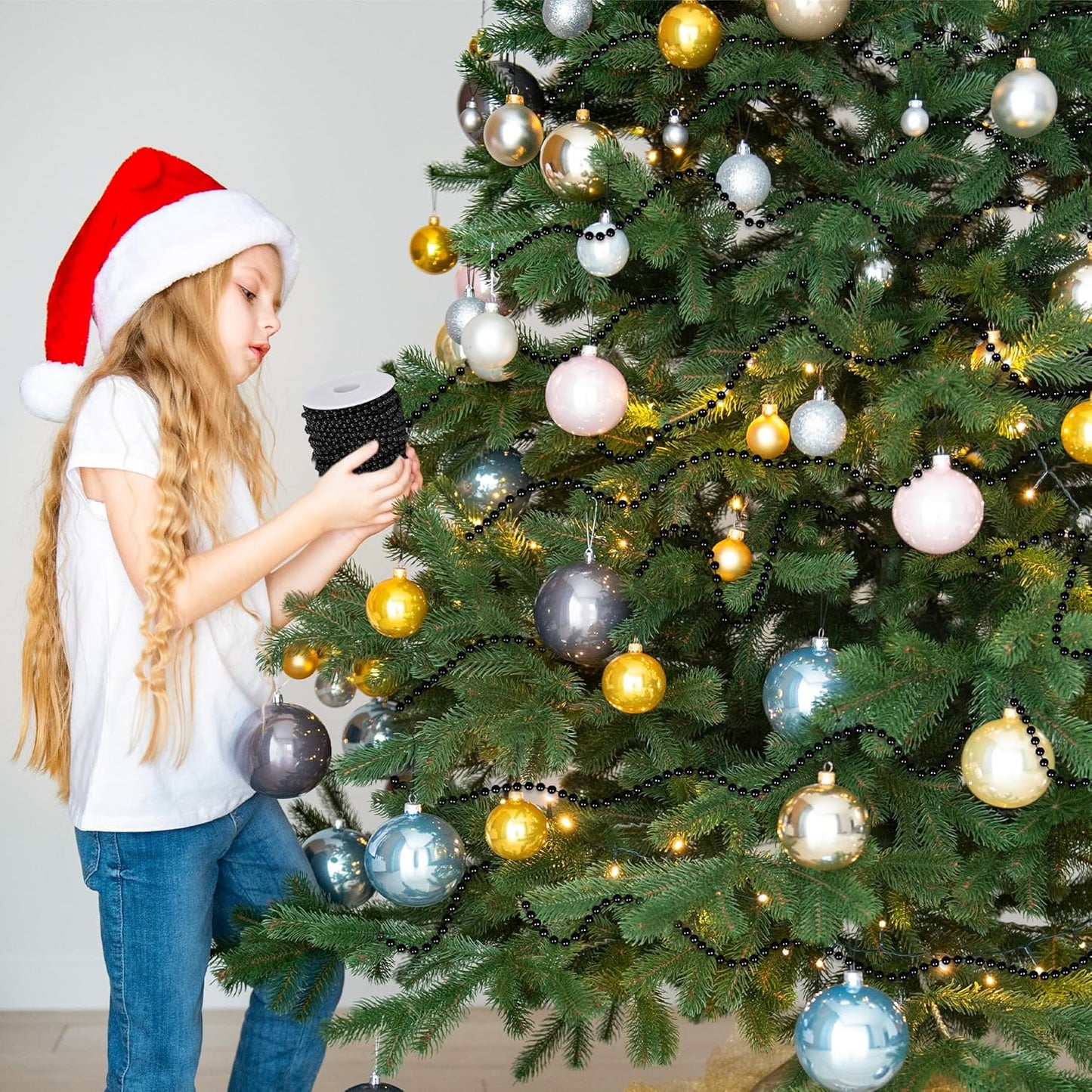 100 Feet Garland for Christmas Tree, Black Christmas Beads Decorations, Xmas Tree Decorations Artificial Pearl Garland Chain for Home Fireplace Curtains Decor Xmas Party Decor