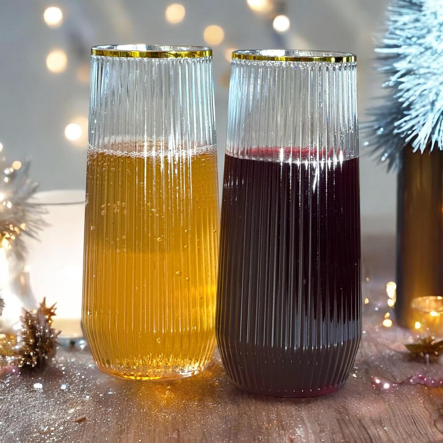 48 Pack Ribbed Origami Ripple Plastic Glasses, 24 9 Ounce Stemless Champagne Flutes & 24 12 Ounce Cups, BPA-Free Disposable Shatterproof Toasting Glasses for Weddings, Bars, and Events (Gold Rim)