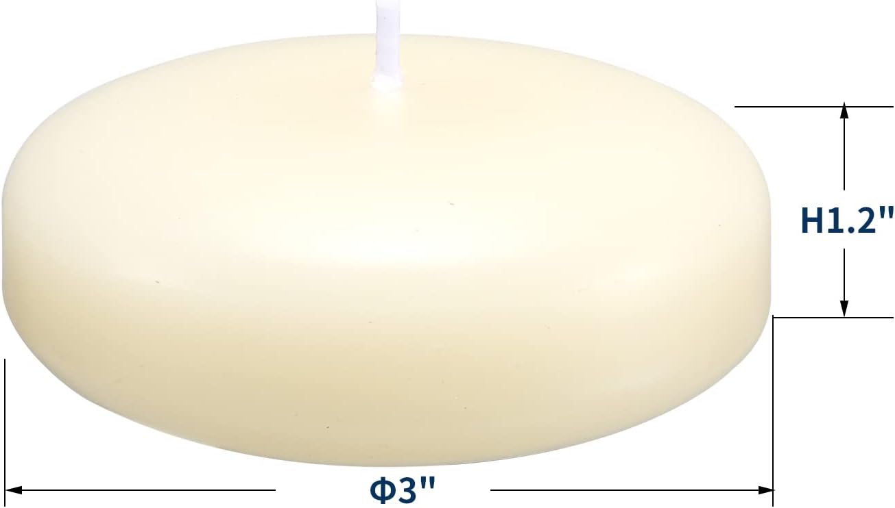 24 Pack Floating Candles, 3” Ivory Unscented Dripless Wax Burning Candles, for Weddings, Party, Cylinder Vases, and Home Decorations