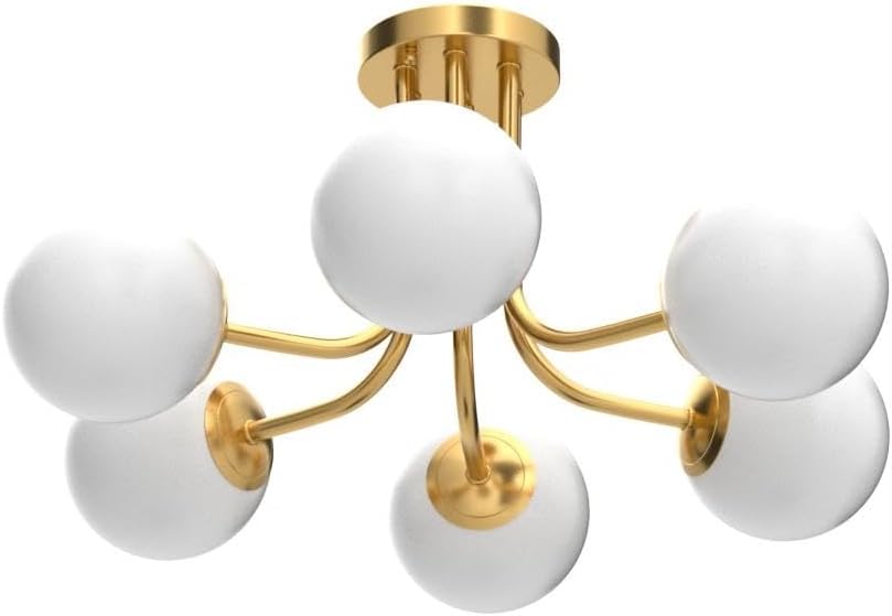 Modern Brushed Brass Gold 6-Light Ceiling Light with Globe White Glass Shade Semi Flush Mount Light Fixture for Dinning Room Foyer Hallway Sputnik Chandeliers