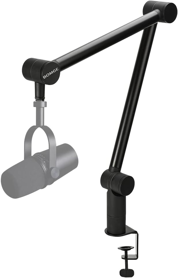 BOMGE Boom Arm Mic Stand - Adjustable Heavy Duty Suspension Boom Scissor Arm Stand with Cable Management Channels, Desk Clamp for Podcasts, Streaming, Gaming, Home Office, Recording (Black)