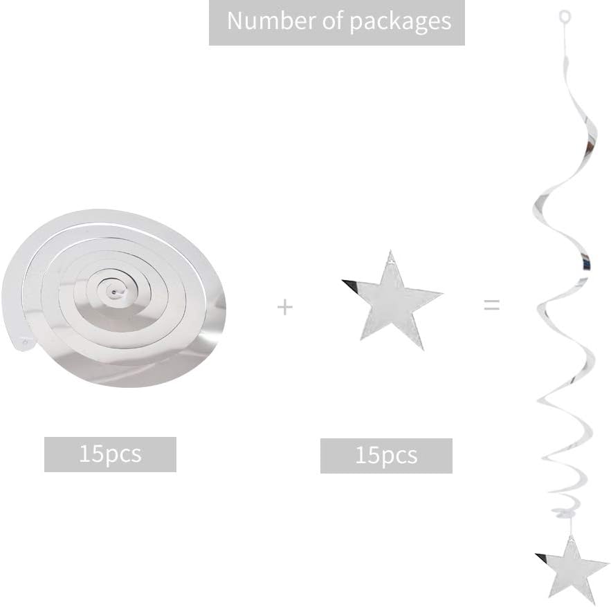 BEISHIDA Silver Star Hanging Swirl Decorations,Hanging Silver Party Supplies for Graduation Wedding Baby Shower Decorations, Pack of 15