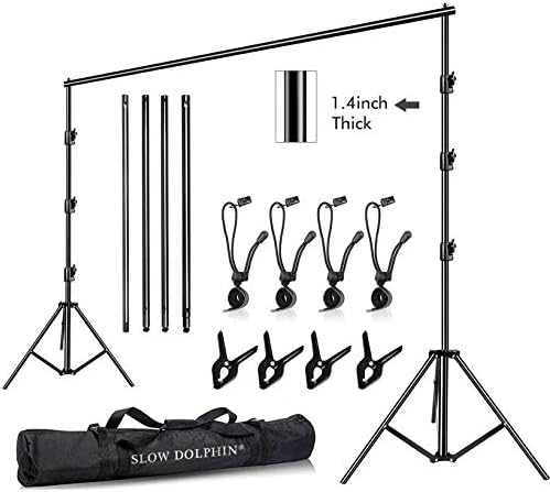 SLOW DOLPHIN 10 x 10Ft Photo Video Studio Heavy Duty Adjustable Muslin Backdrop Stand Background Support System Kit for Photography with Carrying Bag 8 Pcs Clip Clamps