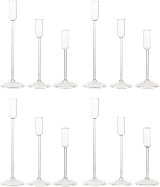 Candle Holder, Glass Taper Candle Tall Candlestick Holder, 3 Different Heights, for Table Centerpiece, Wedding, Party, Clear, 12pcs
