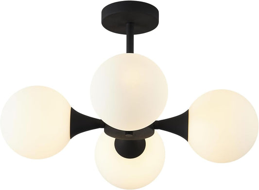 KCO Lighting Mid Century Modern Semi Flush Mount Ceiling Light Fixture Farmhouse Black Globe Sputnik Chandelier Ceiling Light 4-Light Milk Glass Hallway Ceiling Light