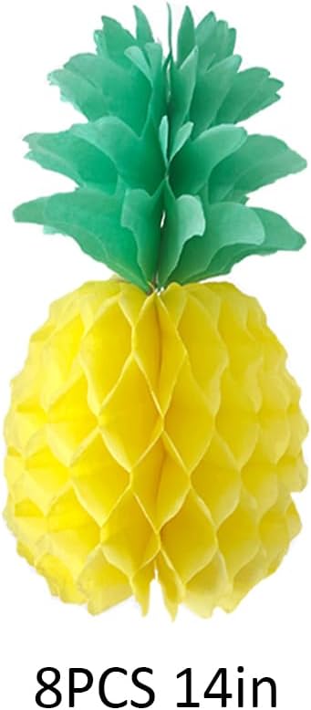 14inch Paper Pineapple Honeycomb Decorations 8pcs Tissue Party Pineapple Centerpieces Hanging Pineapple for Table Decor for Summer Tropical Hawaiian Beach Decor