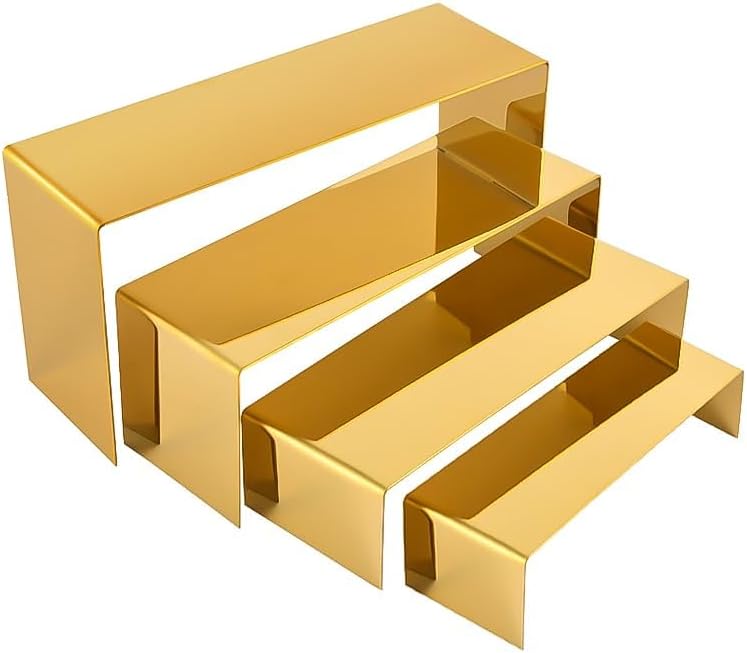 4 Pcs Gold Stainless Steel Display Risers, Display Stand for Cupcake Dessert Perfume Purse Handbag Shoe Jewelry and Funko Pop