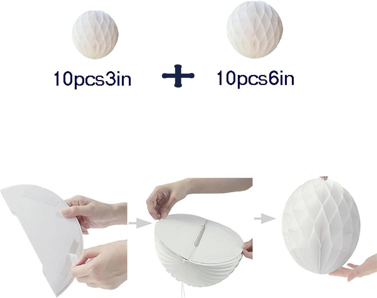 20pcs Honeycomb Flower Balls - Party Decoration Paper Flower Balls Tissue Paper Pom Poms for Birthday Wedding Home Decor (3inch+6inch, White)