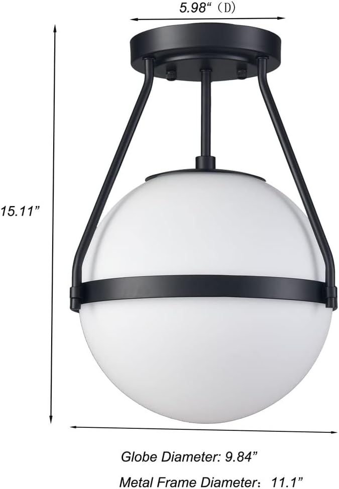 HOLKIRT Mid Century Semi Flush Mount Ceiling Light Black Globe Ceiling Light Modern Light Fixture with White Opal Glass Shade for Living Room Bedroom Hallway