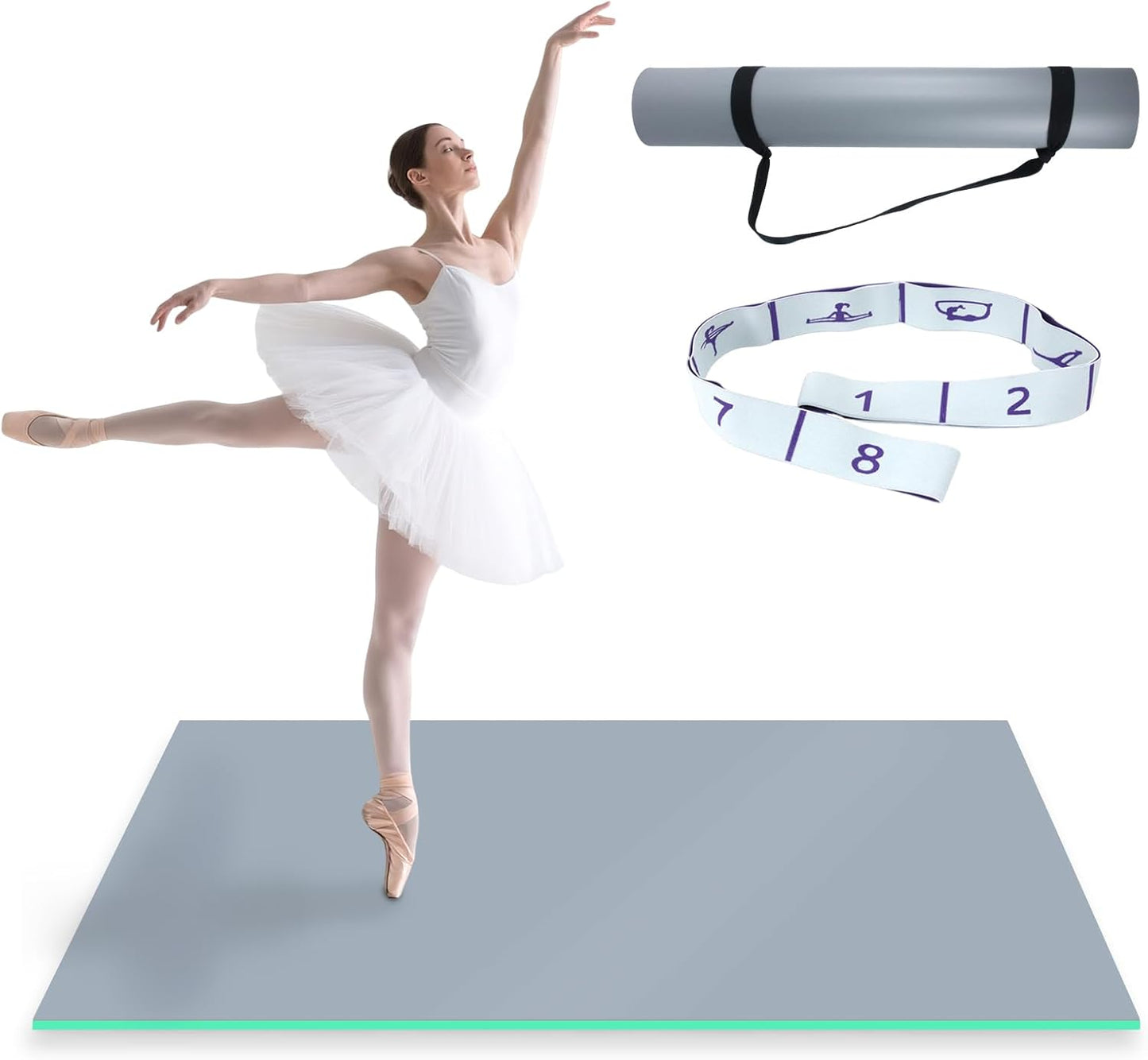 Dance Floor Mat Non-Slip with Shoulder Strap Portable and Dance Resistance Band, Dance Floor for Ballet,Jazz, Pop Thick PVC Practice Floor Reusable Mat (Gray-Green, 180cm*91.5cm*0.35cm)