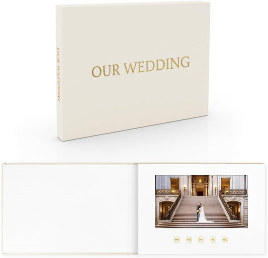 OUR WEDDING - GOLD FOIL Luxury Linen Bound Video Book Video Album Up to 2.5 hours of video, 7” IPS Display, 4GB of memory & Rechargeable Battery (OUR WEDING), White