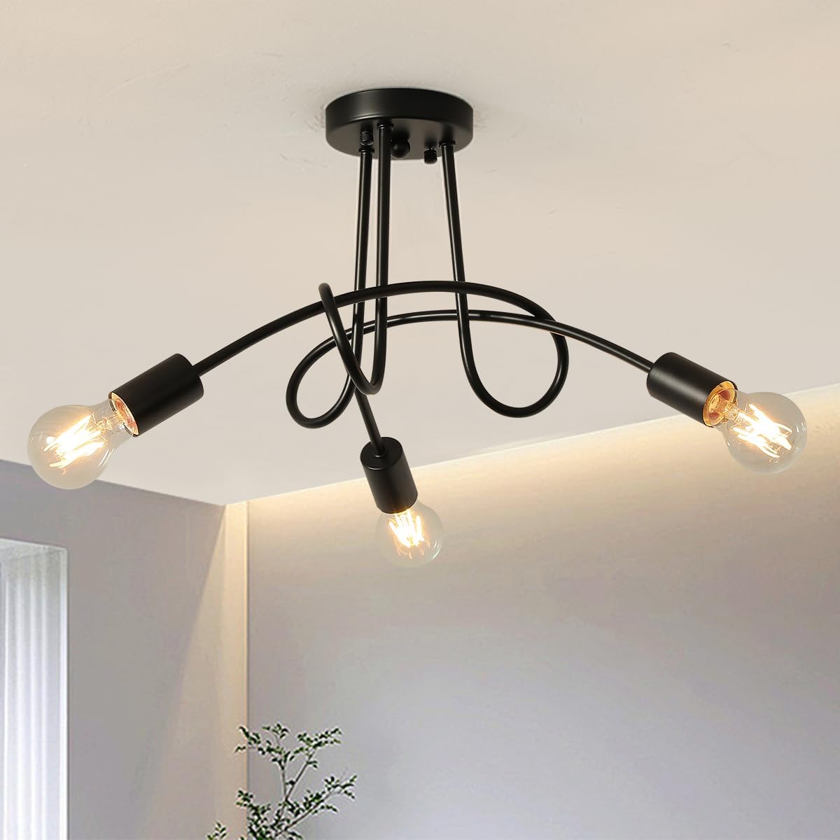 Modern Farmhouse Chandelier,22 Inch Black Metal Spiral Rustic Vintage Semi Flush Mounted Ceiling Light Fixture for Dining Room Bedroom Kitchen Island Hallway Foyer Entryway(3-Light)