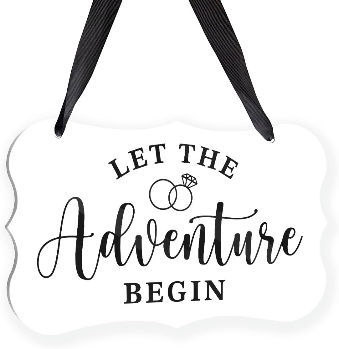 Acrylic Wedding Sign, Ring Bearer Sign, Rustic Wedding Decor Signs, Acrylic Wall Art With Ribbon for Chairs Weddings Decoration and Event Party - Let the Adventure Begin (White)