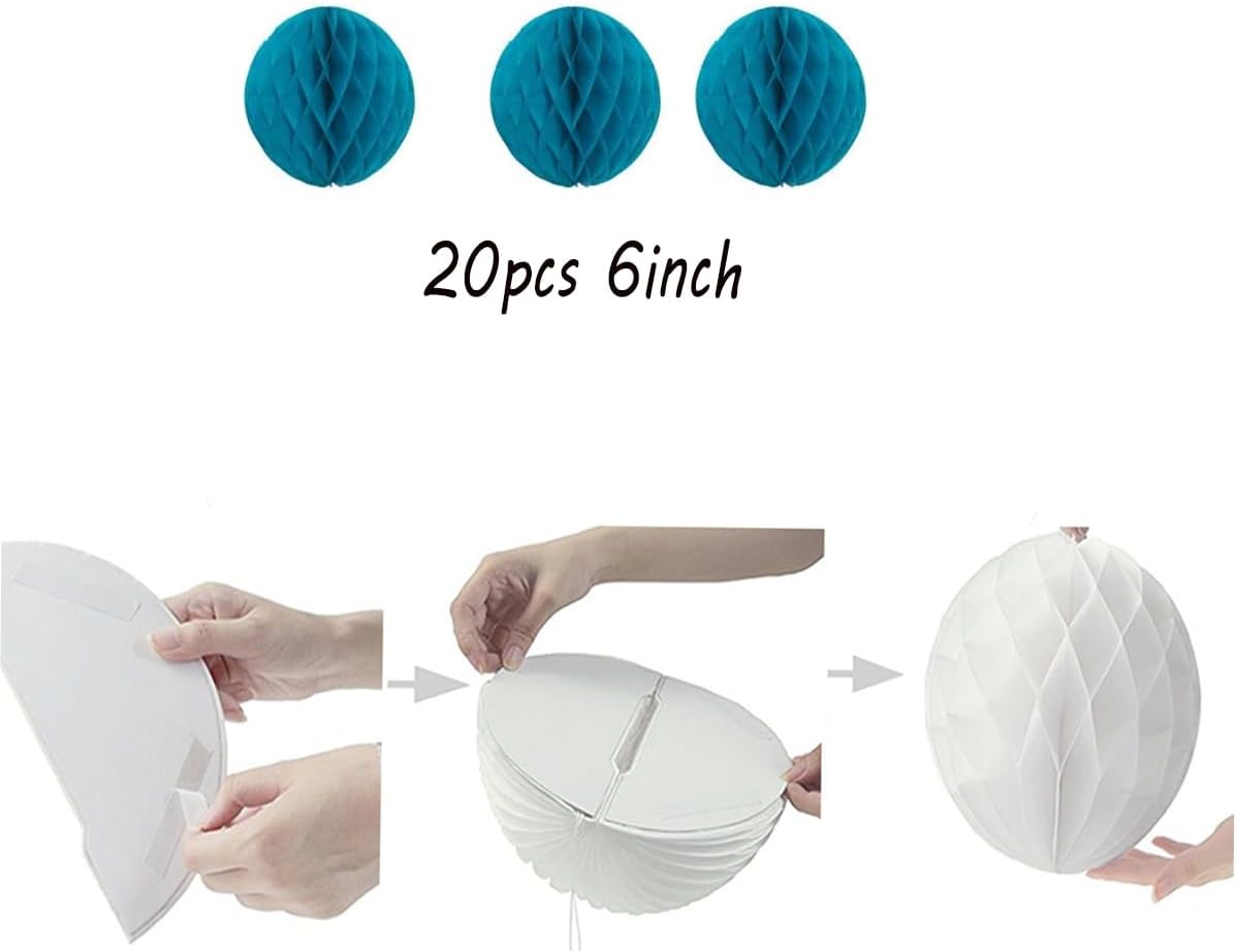 20pcs Honeycomb Flower Balls - Teal Tissue Paper Pom Poms for Birthday, Wedding & Home Decor (6inch)