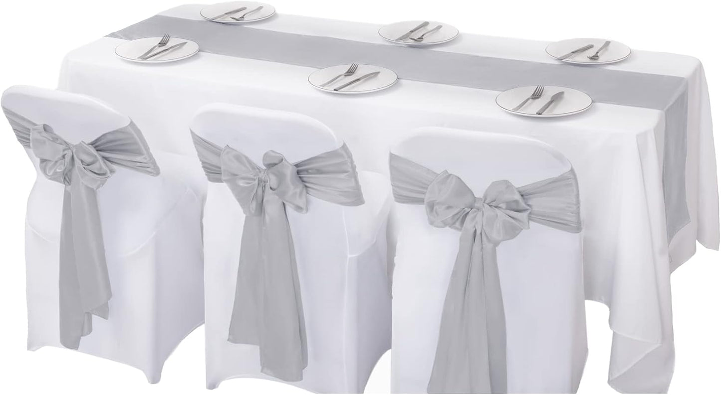 24Pack Table Runner 12 x 108 Inches Satin Silk Table Runner for Wedding, Birthday Party, Banquets, Graduations Decoration, fit Rectange and Round Table-Silver